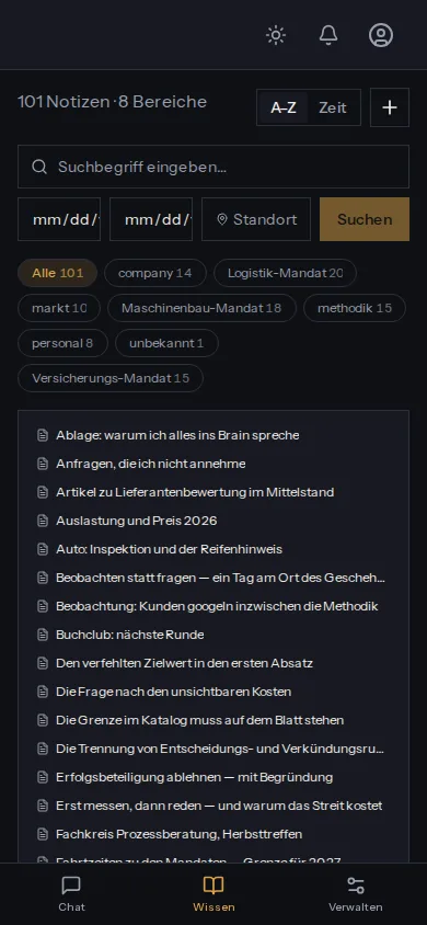 Notizliste auf dem Handy: 101 Notizen in acht Bereichen, mit Suchfeld, Bereichsfiltern und alphabetisch sortierten Titeln.